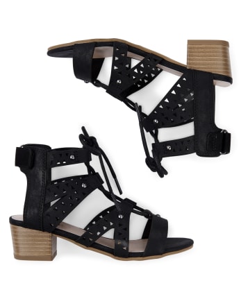Girls Laser Cut Lace Up Mini Heel Sandals