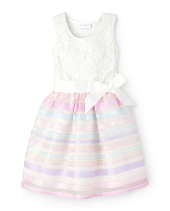 Girls Sleeveless Lace And Striped Knit To Woven Dress