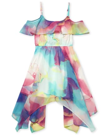 Girls Mommy And Me Watercolor Matching Cold Shoulder Hanky Hem Dress