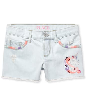 Girls Embroidered Unicorn Frayed Hem Denim Shortie Shorts DENIM The Children s Place