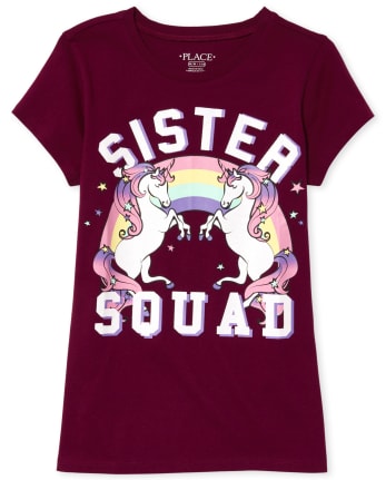 Girls Glitter Sister Squad Unicorn Graphic Tee