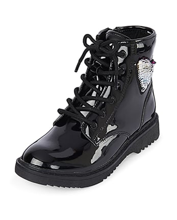 Girls Flip Sequin Heart Lace Up Boots