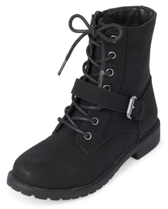 Girls Ankle Strap Faux Leather Lace Up Boots
