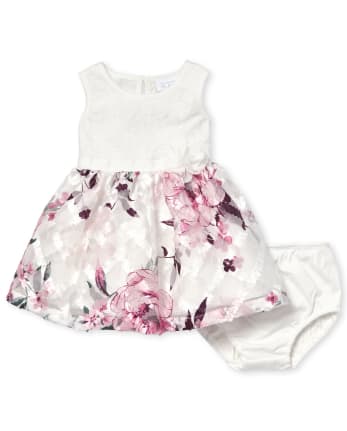Baby Girls Lace Floral Knit To Woven Dress