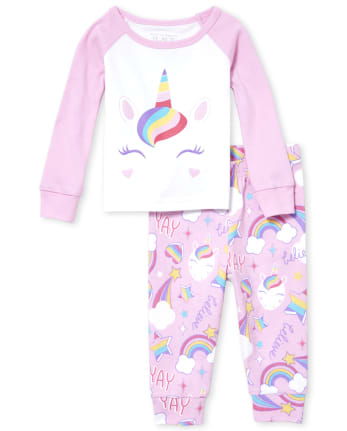 Pijama de algodón de manga larga con unicornio arcoíris para bebés y niñas | The Place - WHITE