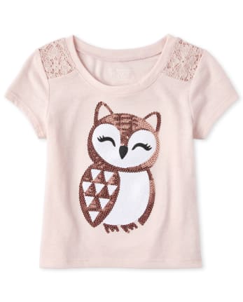 Baby And Toddler Girls Short Sleeve Lace Yoke Glitter Graphic Top