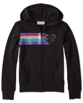 Girls Active - Sweat à capuche zippé en French Terry orné d'arc-en-ciel