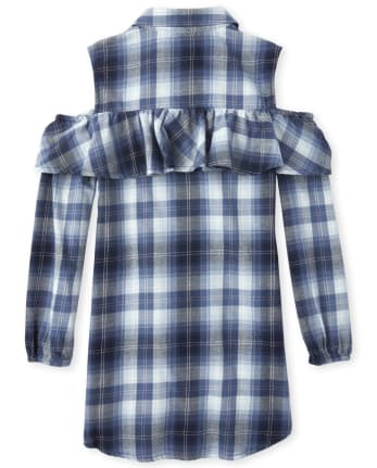 Girls Plaid Cold Shoulder Shirt Dress