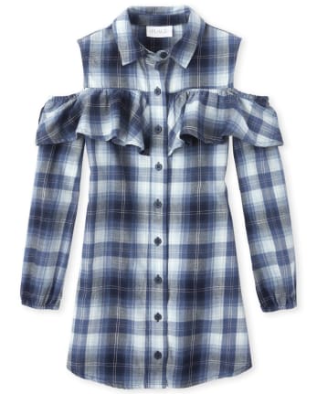 Girls Plaid Cold Shoulder Shirt Dress