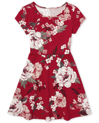 Girls Short Sleeve Floral Print Knit Skater Dress - RED