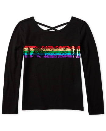 The Childrens Place Girls Big Long Sleeve Flip Sequin X-Back T-Shirt