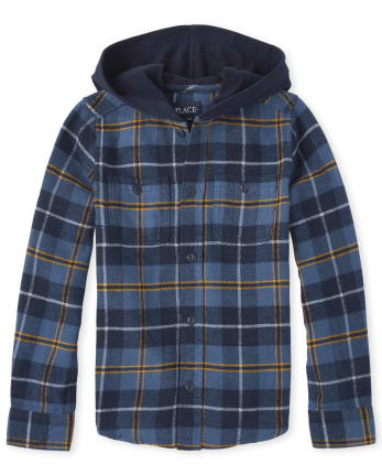 Camisa con botones y capucha de sarga a cuadros para niños