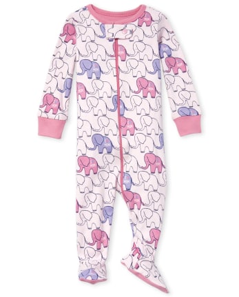 Baby And Toddler Girls Long Sleeve Elephant Snug Fit Cotton Footed One  Piece Pajamas