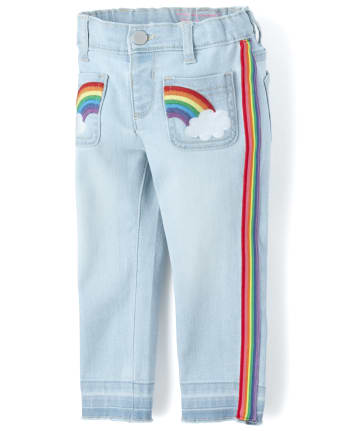 Baby And Toddler Girls TINY COLLECTIONS Side Stripe Let Down Hem Jeans -  Happy Rainbow