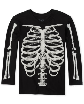 NEW Halloween Long Sleeve T-shirt Black w// Glow In Dark Skeleton Kids XS 4//5