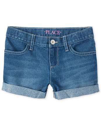 Shorts cortos de mezclilla con puños enrollados para niñas