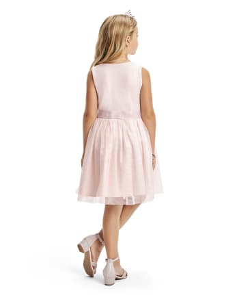 Girls Paillette Knit To Woven Dress
