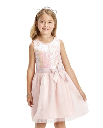Girls Christmas Sleeveless Paillette Knit To Woven Dress The