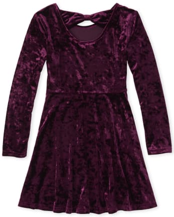 Girls Velour Bow Back Matching Everyday Dress - TART RAISIN