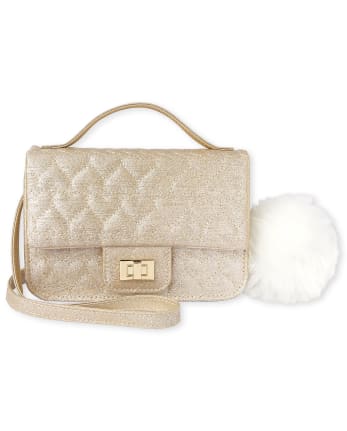 Girls Glitter Heart Quilted Bag - GOLD
