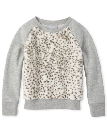 The Childrens Place Girls Big Faux Fur Printed Sweater