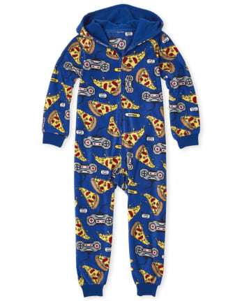 Pijama de una pieza con capucha y forro polar estampado con controlador videojuegos y pizza de manga larga para niños | The Children's Place - EDGE BLUE