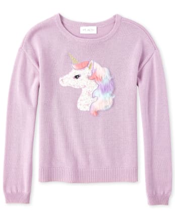 Girls Long Sleeve Sequin And Faux Fur Unicorn Sweater