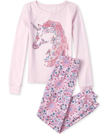 Girls Floral Unicorn Snug Fit Cotton Pajamas