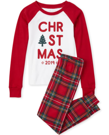Pijamas de algodón ajustados a cuadros navideños familiares a juego unisex para niños