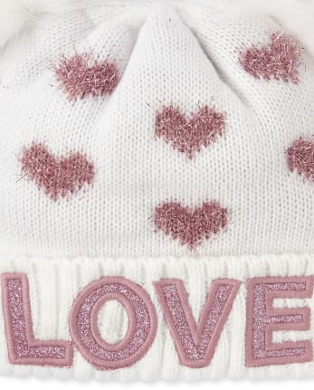 Toddler Girls Glitter Love Pom Pom Beanie And Mittens Set