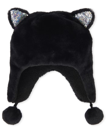 Girls Rainbow Flip Sequin Cat Faux Fur Hat