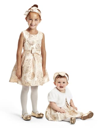 Toddler Girls Metallic Floral Jacquard Matching Pleated Dress