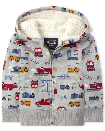 Print Sherpa Lined Fleece Zip Up Hoodie