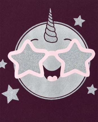 Camiseta con estampado de emojicorn con purpurina para niñas