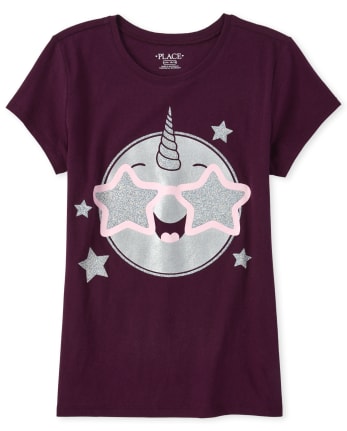 Camiseta con estampado de emojicorn con purpurina para niñas