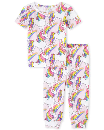 Baby And Toddler Girls Glitter Rainbow Unicorn Snug Fit Cotton Pajamas