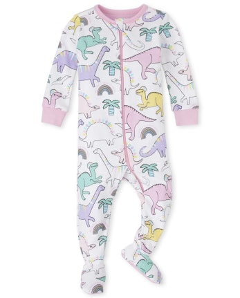 Baby And Toddler Girls Long Sleeve Dino Print Snug Fit Cotton Footed One Piece Pajamas YELLOW The Children s Place