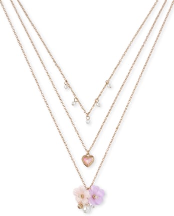 Girls Rhinestud Flower Layered Necklace