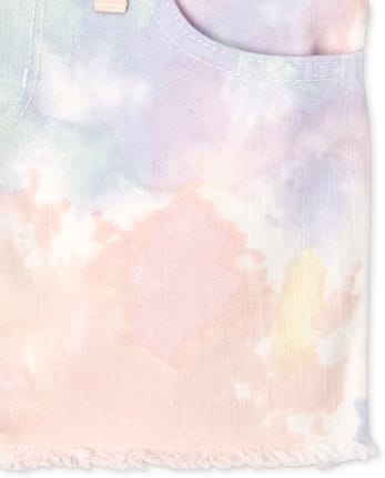Girls Tie Dye Frayed Hem Denim Shortalls