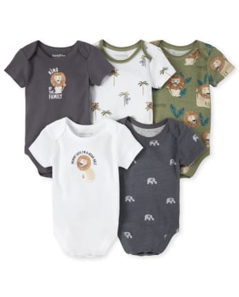 Baby Boys Short Sleeve 'King Of The Family' Jungle Graphic Bodysuit 5-Pack