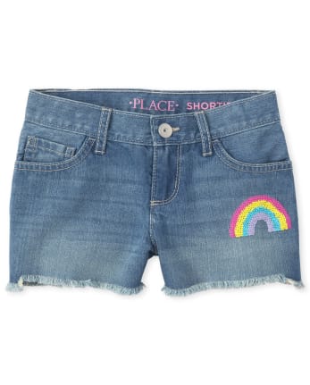 Girls Sequin Rainbow Frayed Hem Denim Shortie Shorts
