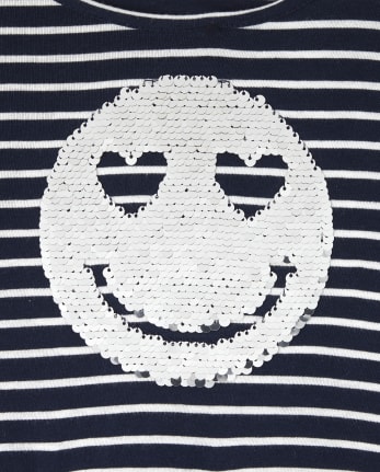 Girls Flip Sequin Smiley Face Knit To Woven Dress