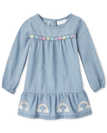Baby And Toddler Girls Long Sleeve Embroidered Rainbow Chambray