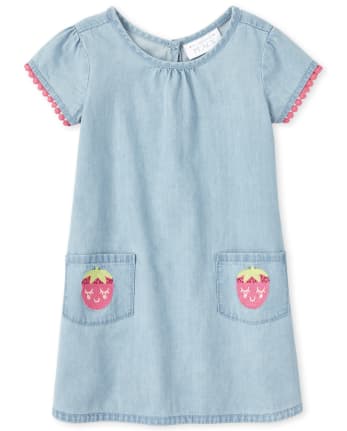 Baby And Toddler Girls Embroidered Strawberry Chambray Dress