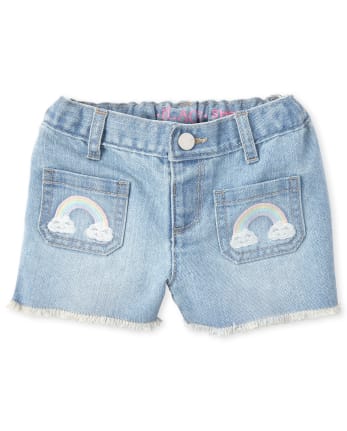 Shorts cortos de mezclilla con bordado de arco iris para bebés y niñas pequeñas