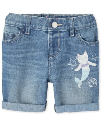 Baby And Toddler Girls Embroidered Mermaid Roll Cuff Denim Midi Shorts