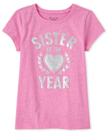 Girls Short Sleeve Glitter 'Sister Of The Year' Matching Graphic Tee ...