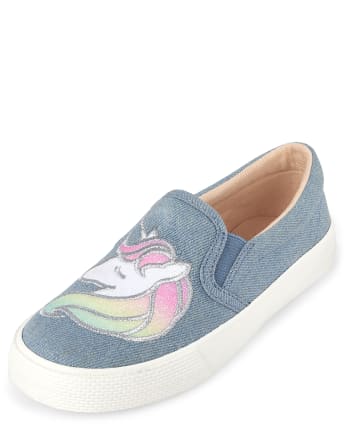 Girls Glitter Unicorn Denim Slip On Sneakers