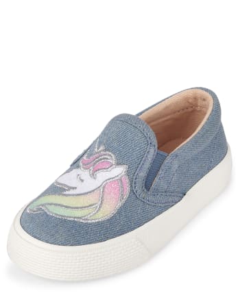 Toddler Girls Glitter Embroidered Unicorn Denim Slip On Sneakers | The ...