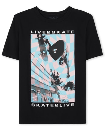 Boys Short Sleeve \'Live 2 Skate\' Skateboarding Graphic Tee | The Children\'s  Place - BLACK